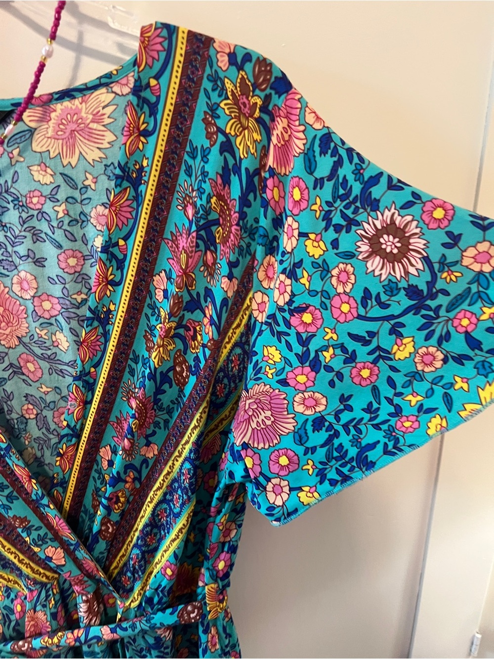 BloomChic Teal Floral Maxi Dress with Waist Tie - Picture 5 of 10